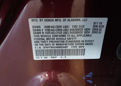 2019 Honda Passport Sport from USA, damaged, VIN 5FNYF8H24KB024487